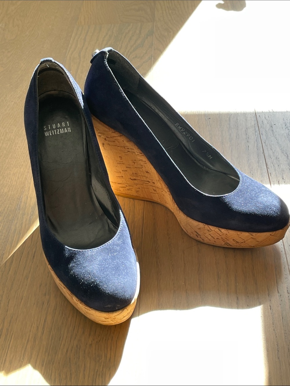 Stuart Weitzman Navy Corkswoon Wedge Pumps